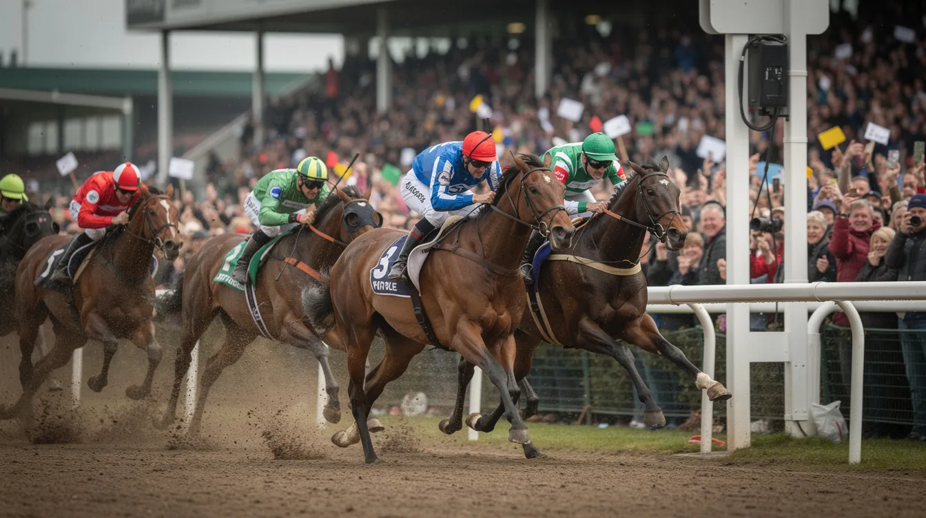 A thrilling scene from the Grand National festival captures horses racing neck and neck as they cross the finish line, with jockeys urging them on amidst the cheers of the crowd. This iconic moment exemplifies the excitement of horse racing and the spirit of competition at the Aintree Grand National.