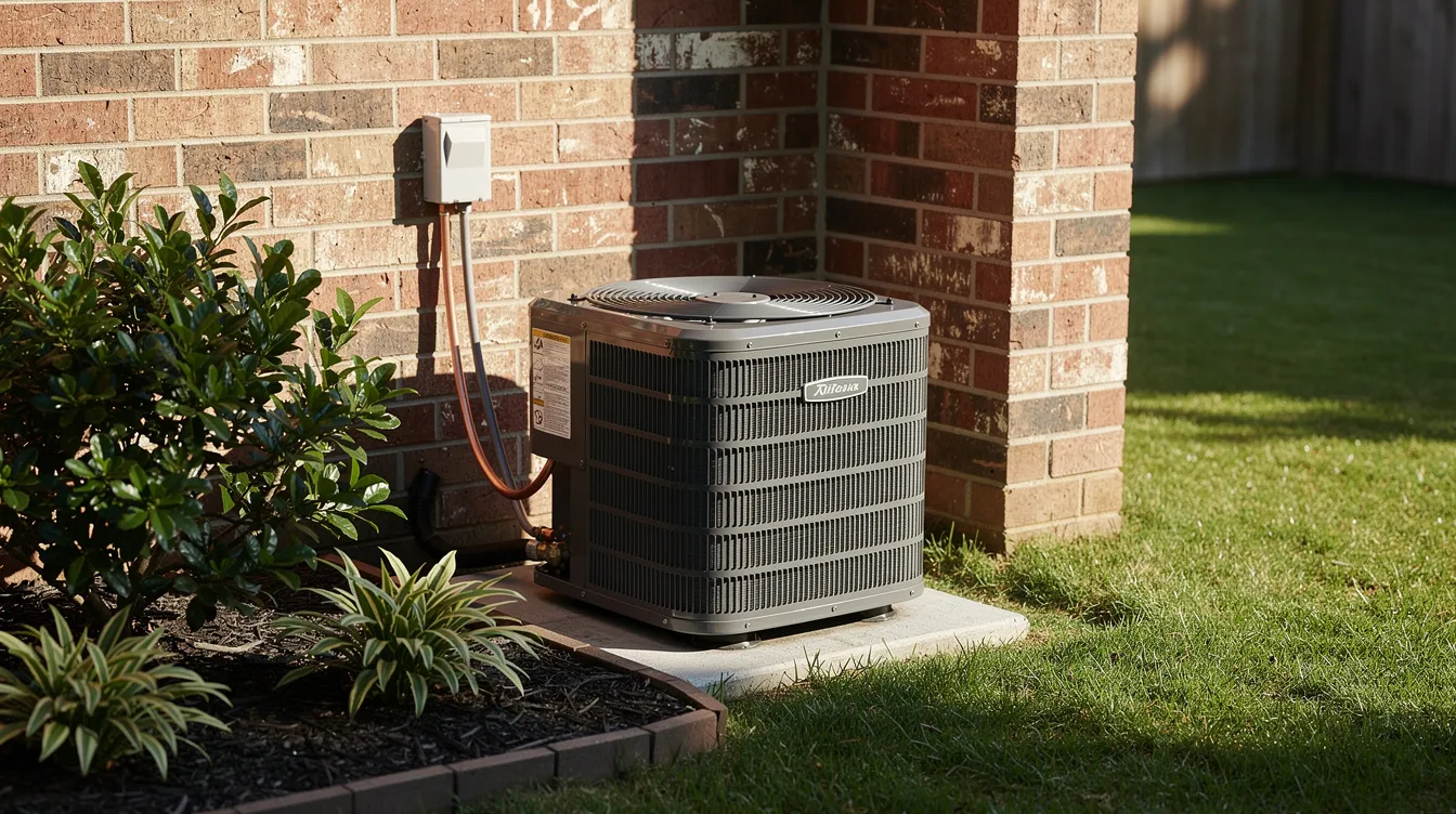 A modern outdoor air conditioning unit is positioned beside a brick home, surrounded by lush green landscaping. This energy-efficient ac unit is designed to provide optimal cooling power, ensuring comfort for the home's occupants.