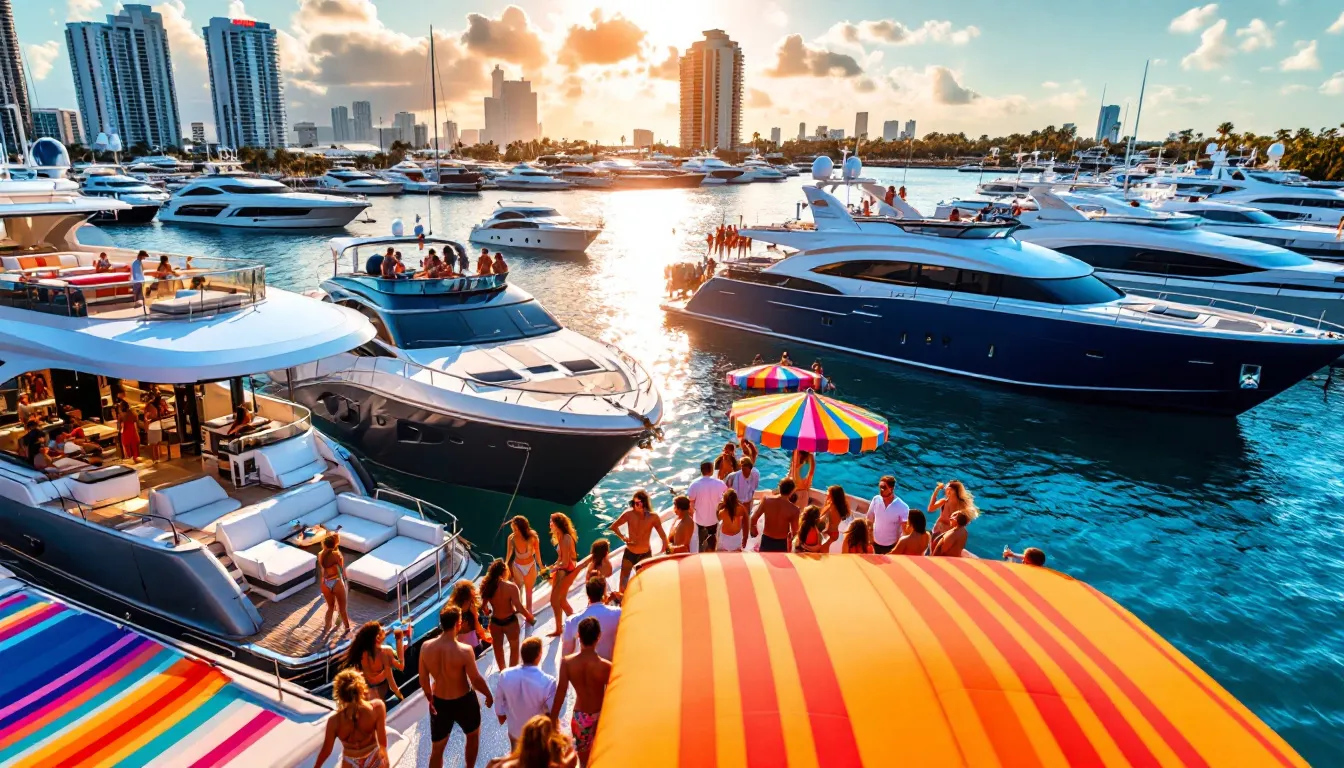 A variety of boats available for rent in Miami, including luxury yachts and party boats.