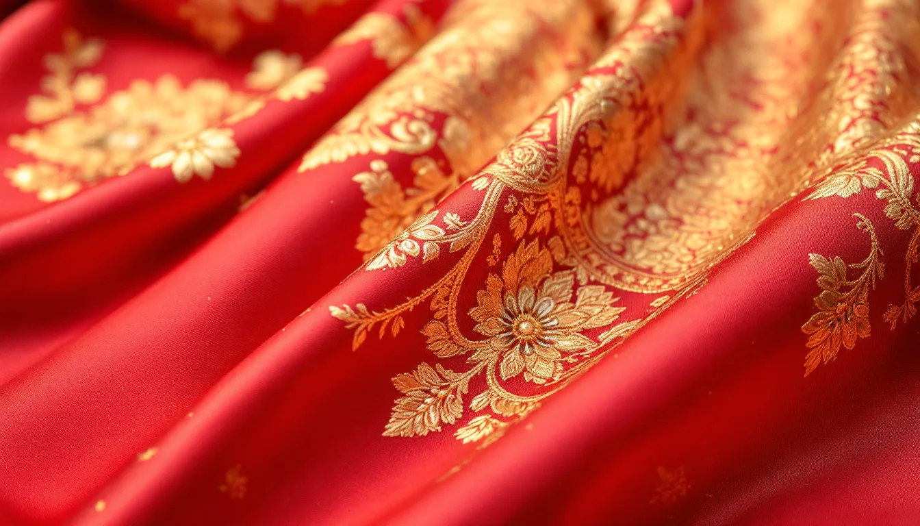 A detailed close-up showcases the intricate gold embroidery work on a luxurious red silk saree, highlighting the stunning patterns and craftsmanship typical of traditional Indian garments. The elegant design reflects the beauty and grace of pure silk sarees, making it a perfect choice for formal occasions and celebrations.