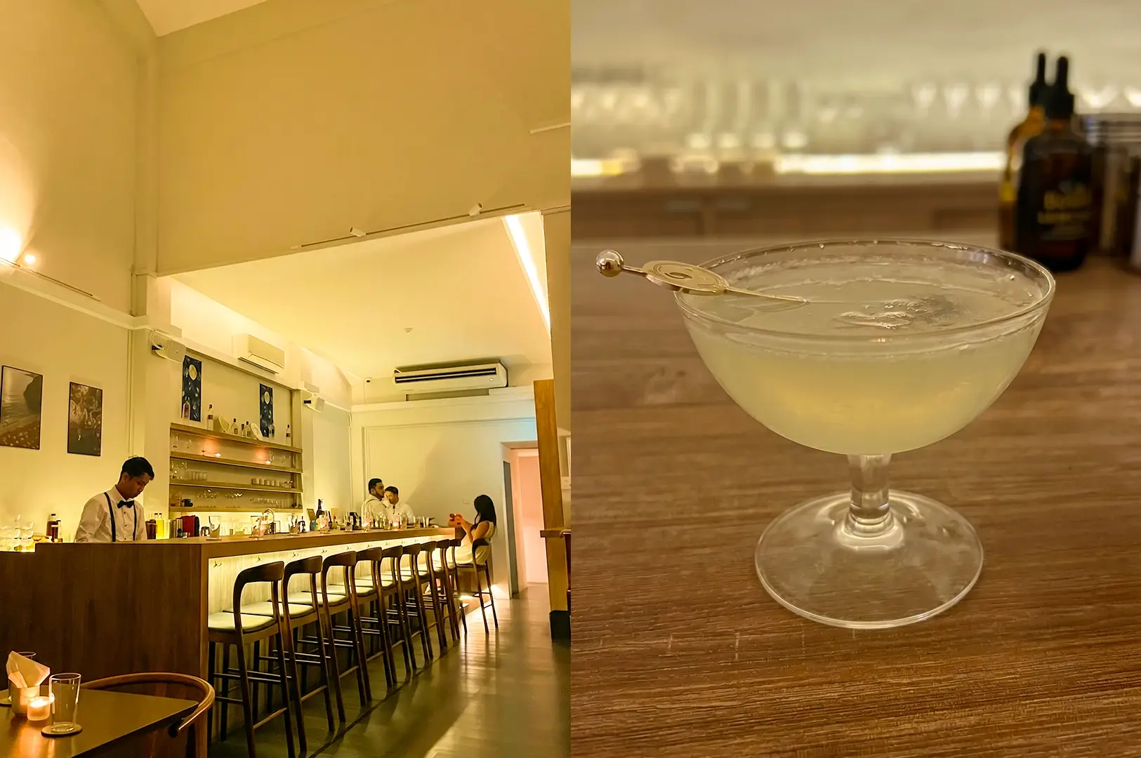 Left: An eye-level, wide-angle interior shot of Last Word cocktail bar, displaying a clean minimalist design with light wood paneled walls, long matching wooden benches, small square tables, and simple sphere pendant lights hanging from the ceiling. Right: A high-angle, close-up shot of a clear cocktail served in a coupe glass, garnished simply with a single green olive on a metal pick.