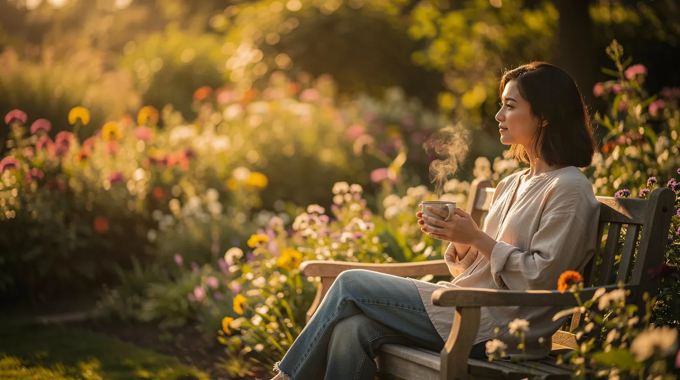 A person is sitting peacefully in a lush garden during golden hour, holding a warm cup of tea and exuding a sense of relaxation and well-being. The scene captures the essence of tranquility, ideal for reflecting on the health benefits of reishi mushroom supplements and their potential to support the immune system.