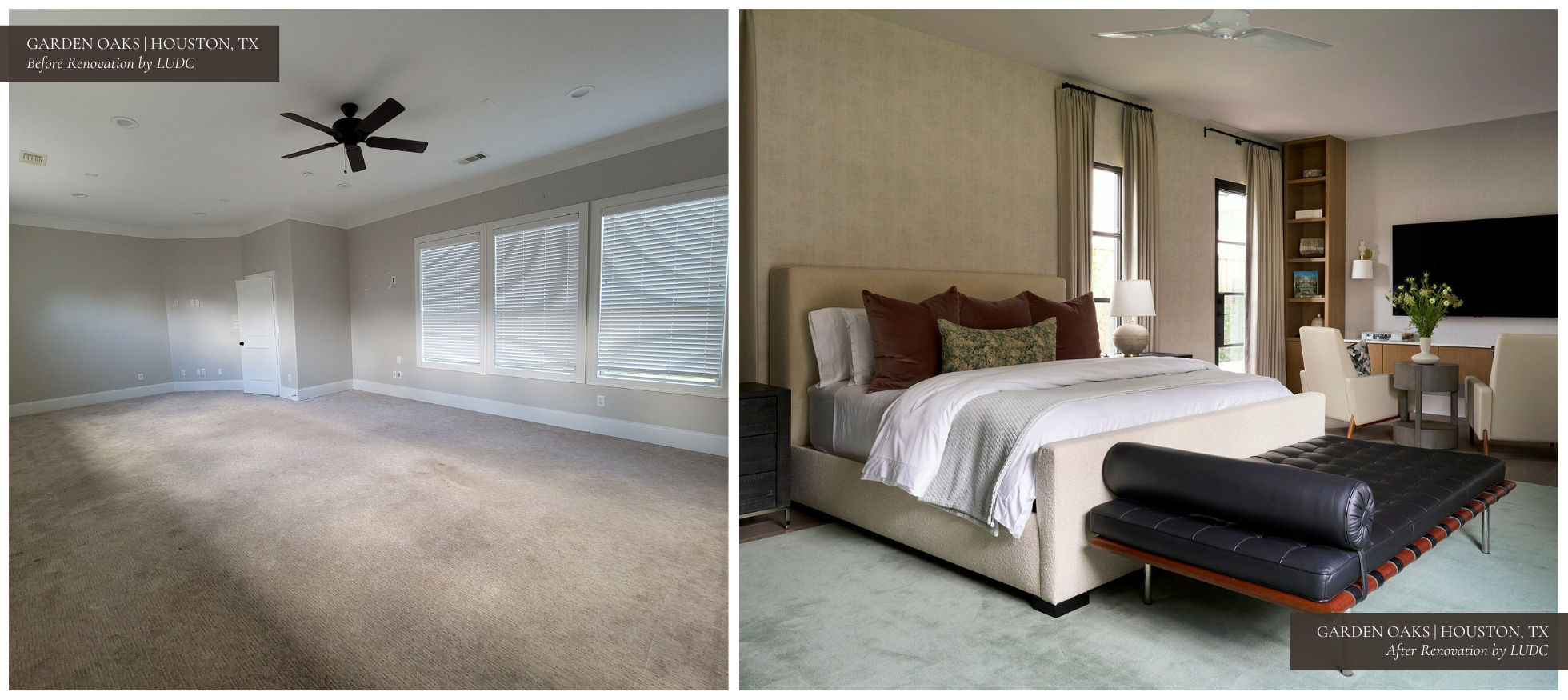 Left: A plain, carpeted bedroom with beige walls and minimal decor.
Right: A serene primary bedroom featuring a custom-designed bed, earthy tones, and a cozy seating area with built-in shelving and warm lighting.