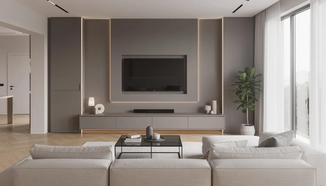 Een moderne woonkamer met een strakke grijze tv wand, waarin een ingebouwde televisie is verwerkt. De sfeerverlichting en het houten frame geven de ruimte een luxe uitstraling, terwijl de kabels netjes zijn weggewerkt voor een opgeruimde look.