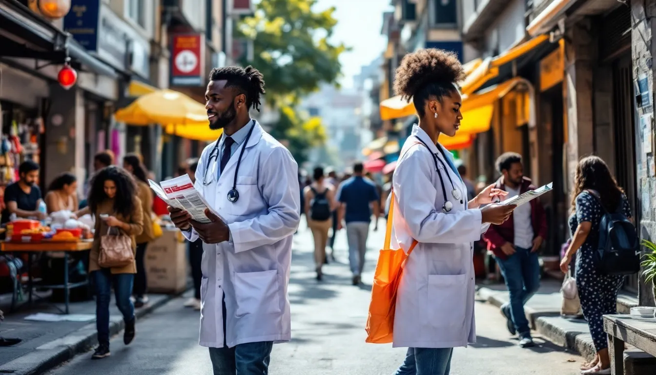 A group of community health workers is engaging with residents in an urban neighborhood, focusing on improving access to health resources and addressing health disparities. Their outreach efforts aim to enhance public health by promoting education and prevention strategies within the community.