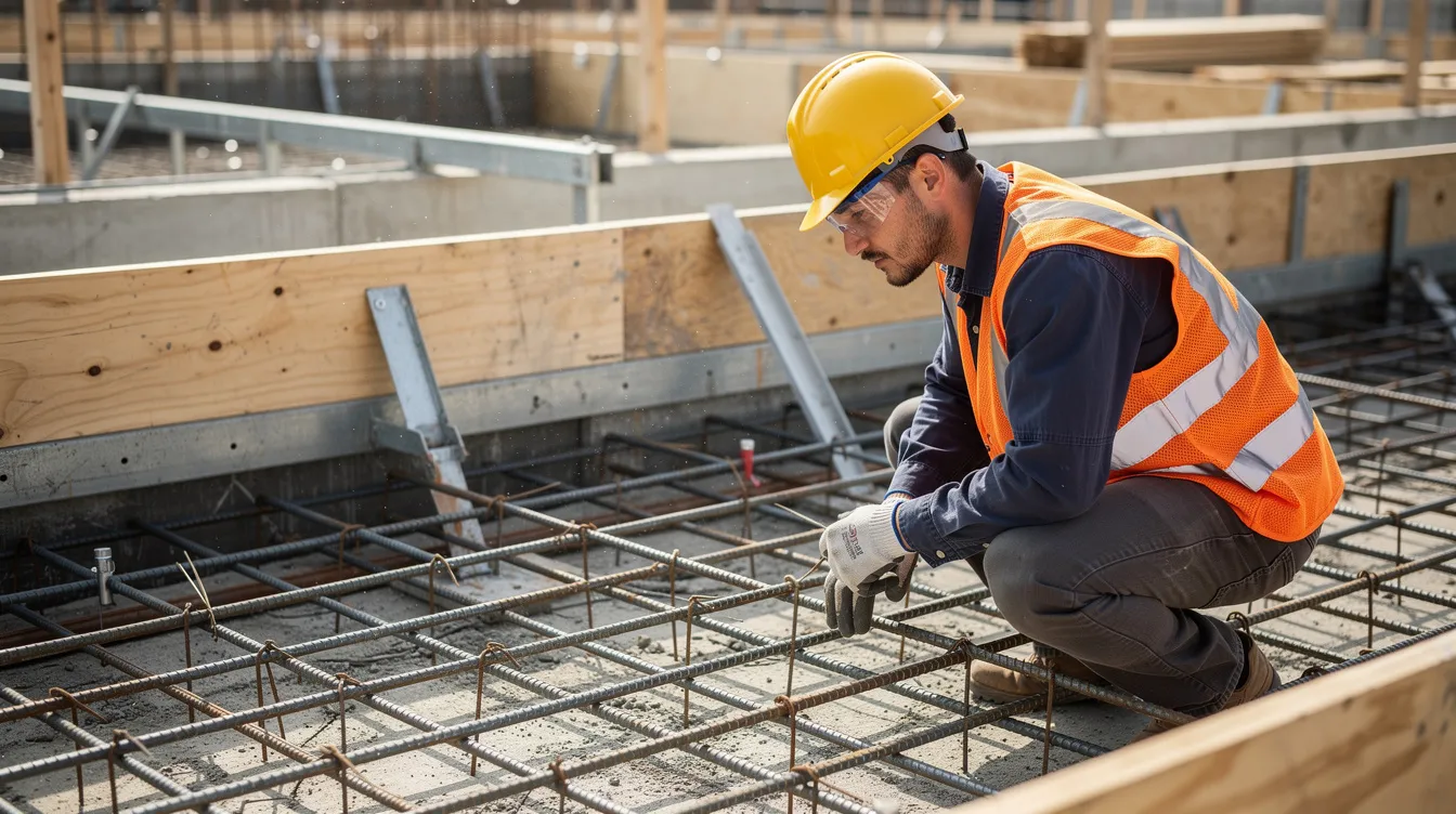 A close-up image shows a construction worker wearing personal protective equipment, carefully inspecting the placement of steel rebar and concrete formwork on a building foundation. This quality control process is essential for ensuring compliance with safety and quality standards in the construction project.