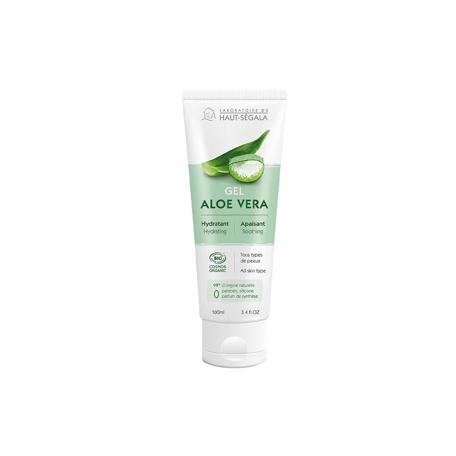 Tube van 100 ml Haut-Ségala Aloe Vera Gel – hydraterende en kalmerende biologische gel voor alle huidtypen, geschikt voor gevoelige huid, vrij van parfum, parabenen, siliconen en synthetische geurstoffen – ideaal bij zonnebrand of huidirritatie.