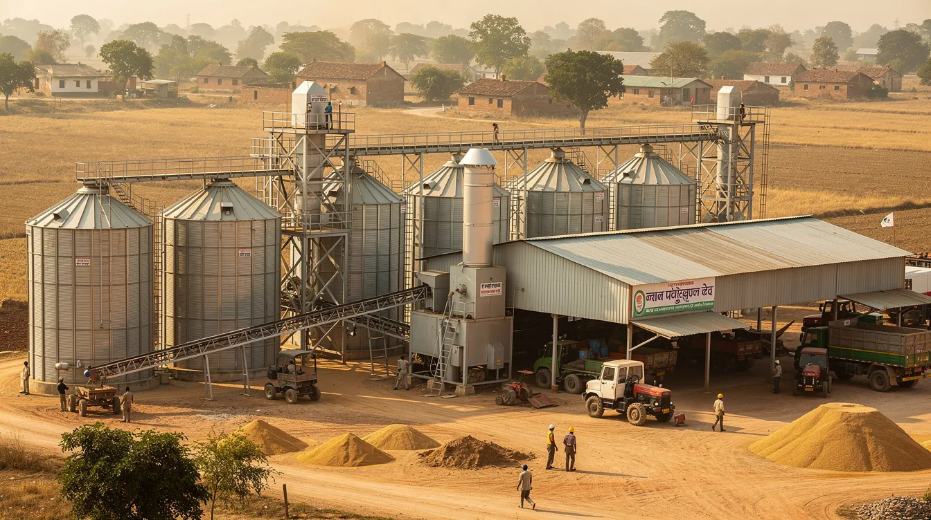 77b81237 285a 4dd5 98a0 ff095b361b61 The image depicts an industrial food processing plant in a rural Indian setting, featuring large grain silos and extensive conveyor systems, indicative of the growing pulse protein market. This facility highlights the rise in demand for plant-based proteins, such as pea and chickpea protein isolates, amidst evolving consumer preferences for sustainable agriculture and functional foods.