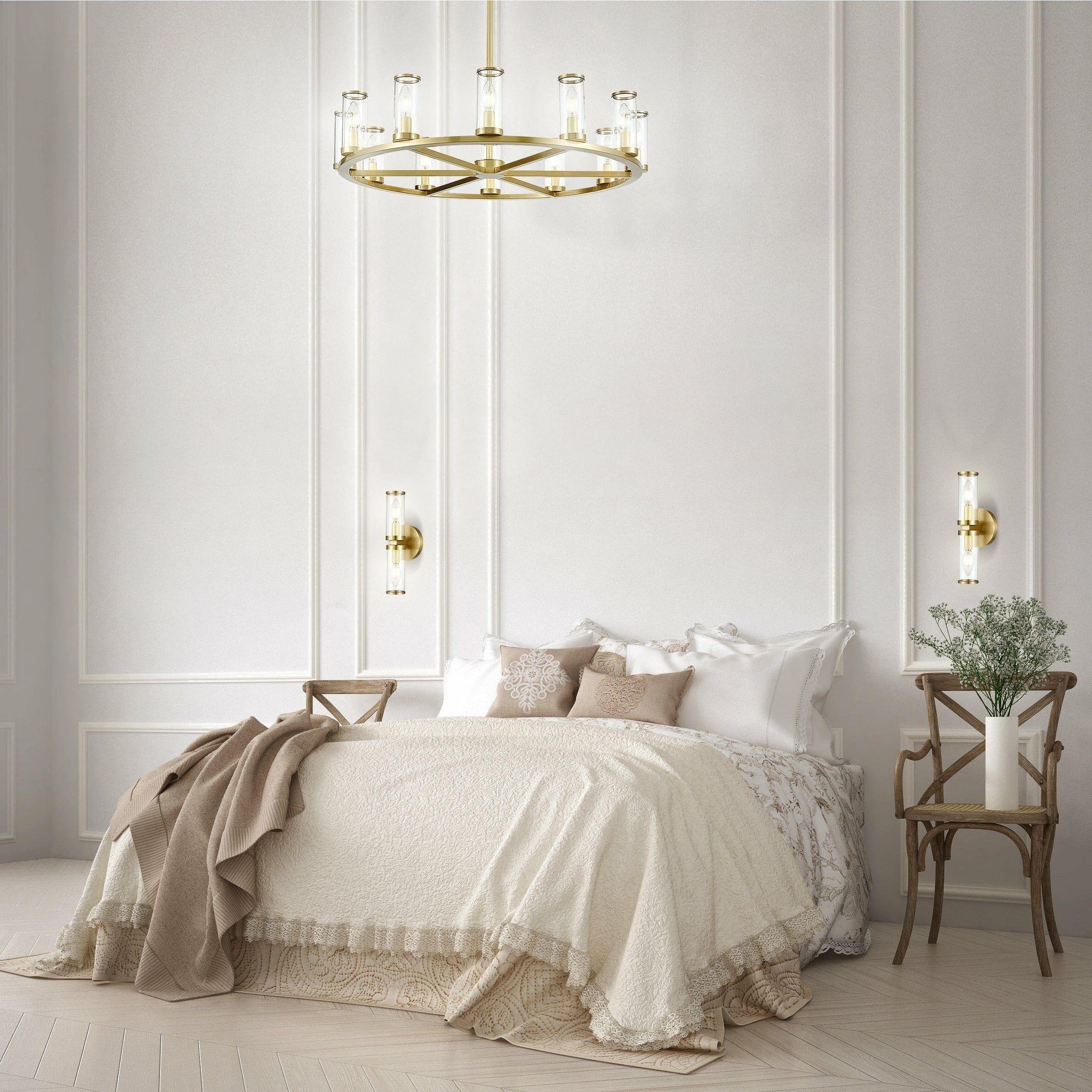 Elegant bedroom with a Revolve Chandelier in gold, featuring soft, neutral décor and modern wall sconces, creating a luxurious and serene ambiance.