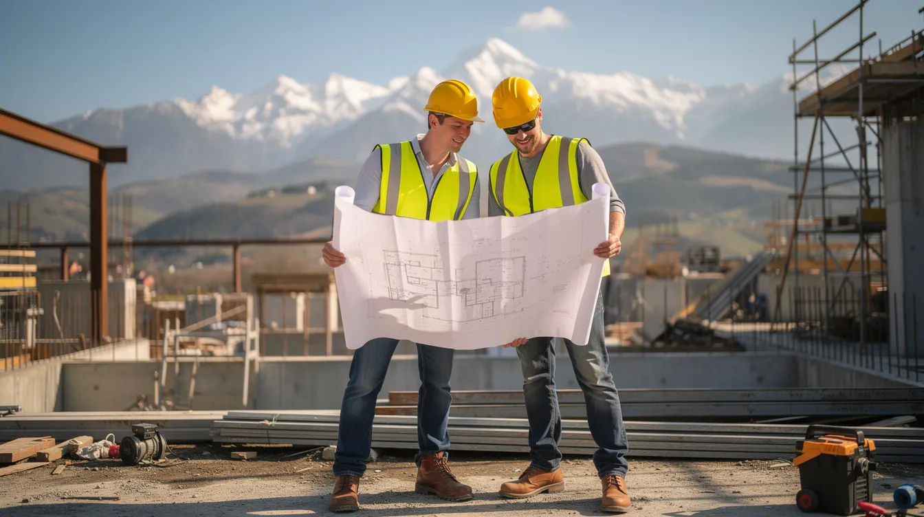 Two contractors wearing hard hats are collaborating on construction plans at a site, with a picturesque mountain backdrop. This scene reflects the importance of teamwork and strategic alliances in real estate ventures, emphasizing how two separate businesses can pool resources for successful joint ventures.
