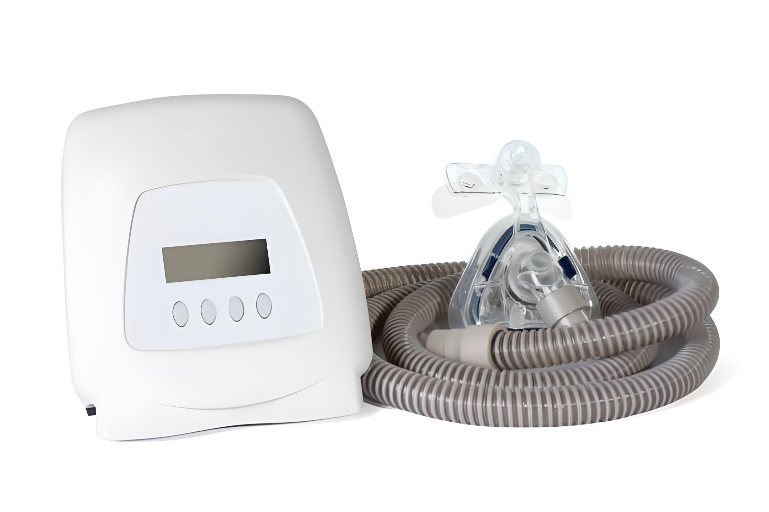 A CPAP machine with a face mask and hose, relevant to the use of distilled vs bottled water.