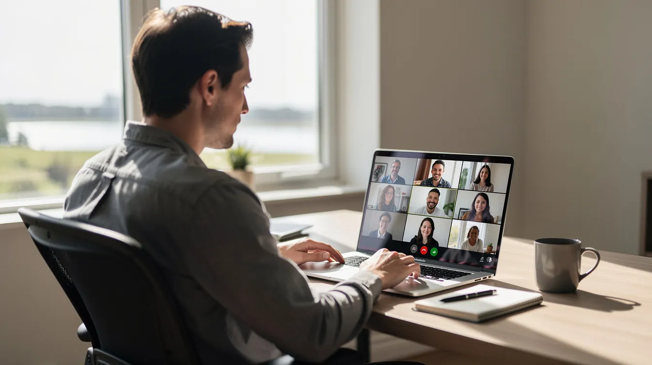 A person is sitting at a desk with a laptop open, engaged in a video call, while daylight streams through a window behind them. This scene captures the essence of remote meetings, possibly indicating a time difference, as Paris, France is 3 hours behind Pakistan time.