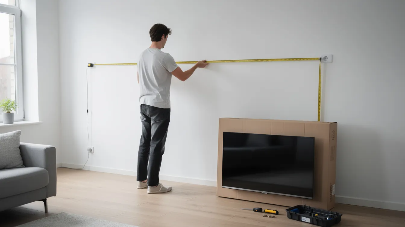 En person står vid en vägg och mäter avståndet med ett måttband inför installationen av en tv, vilket visar på noggrannhet i planeringen av tv-bänken. Rummet, som är inrett i moderna färger, ger en känsla av stil och funktionalitet för vardagsrummet.