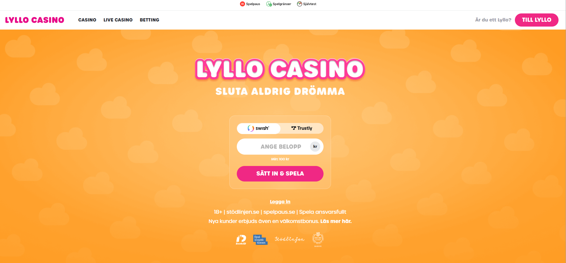 Lyllo Casinos startsida med inlogg.