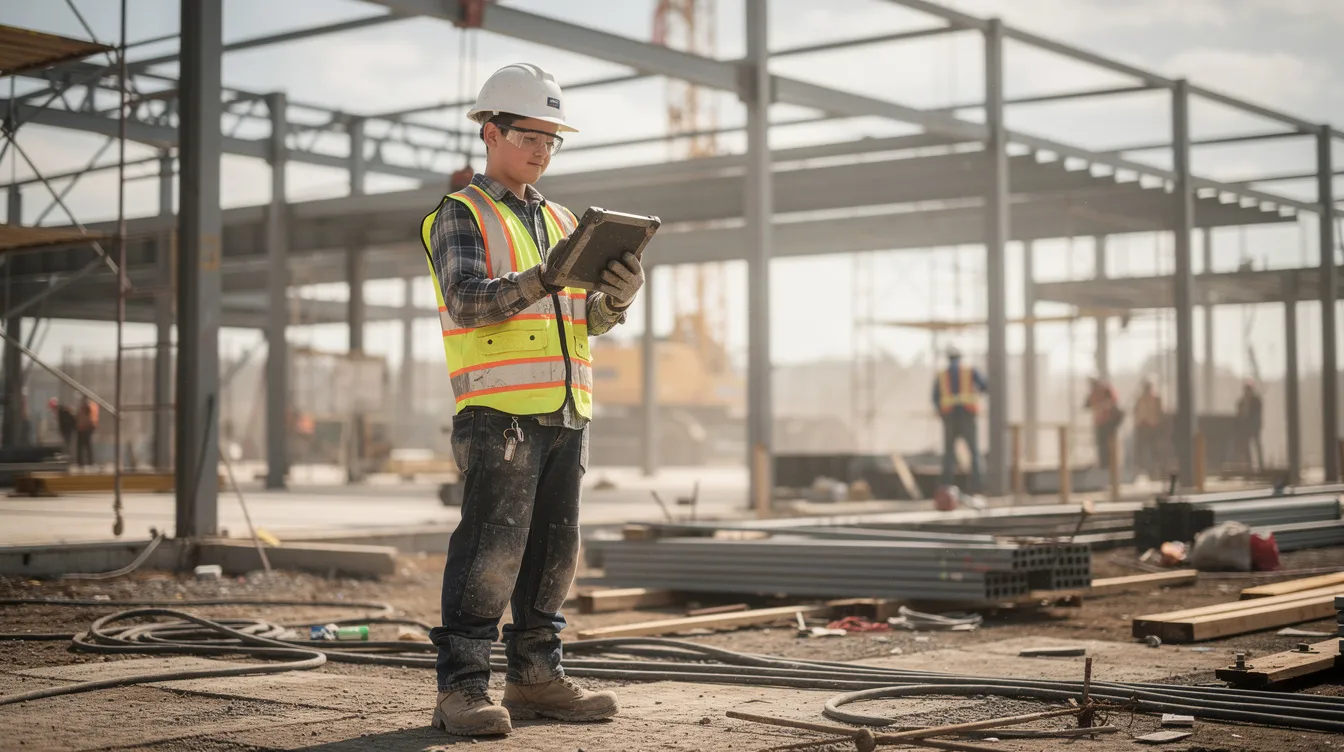 An apprentice is seen using a tablet at a job site, engaging with apprenticeship management software to track progress and log training hours in real time. This digital solution aids in maintaining accurate records and ensures compliance with regulatory requirements for high-quality apprenticeships.