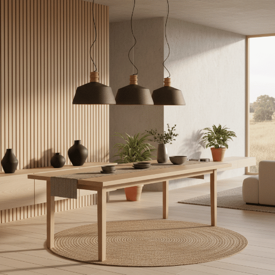 Three Japandi-style pendant light fixtures with dark shades and wooden accents, hanging above a minimalist dining table in a serene, sunlit room with natural wooden textures and plants.