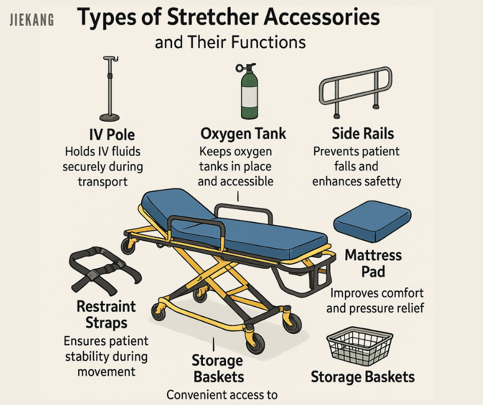 A variety of stretcher accessories including straps and backboards for ambulance transport.