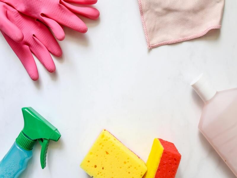 Cleaning supplies like detergents and soap. 