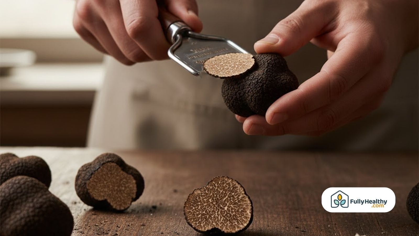 Hands shaving a fresh black truffle in a kitchen, revealing the intricate marbled interior texture.