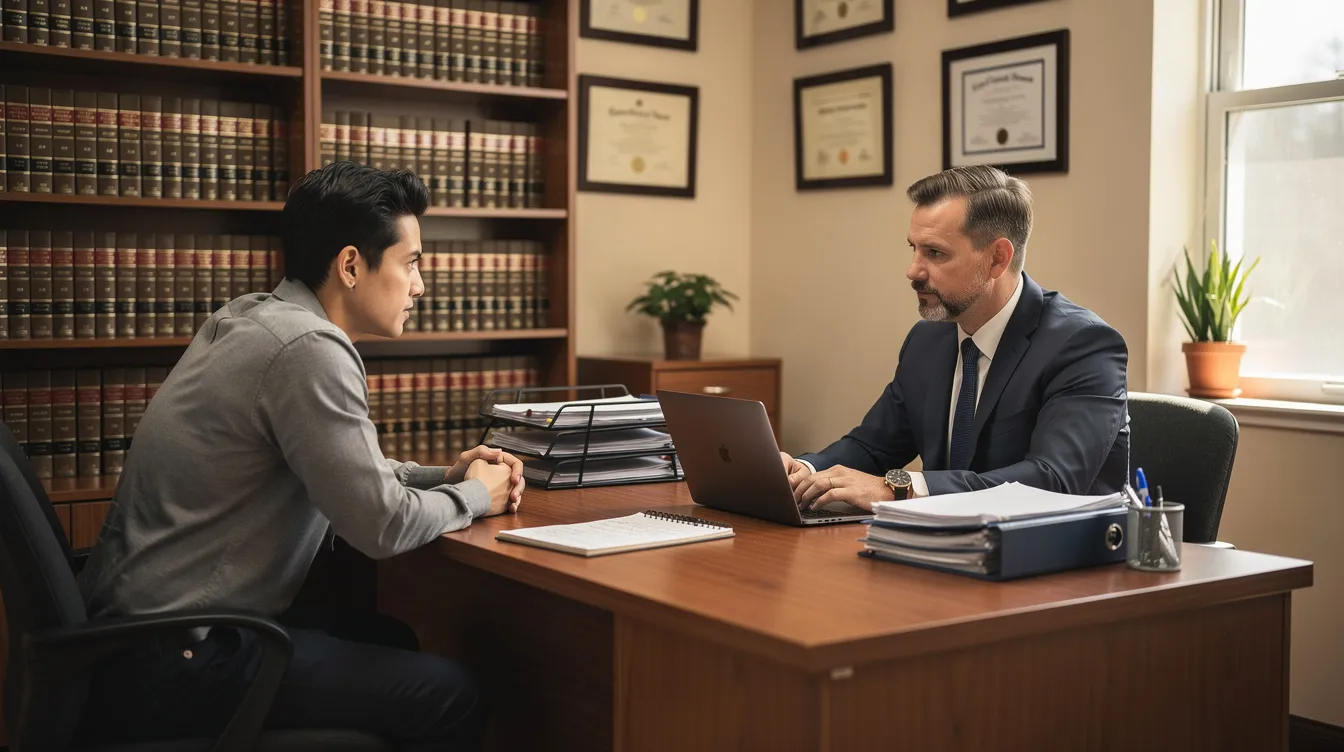 The image depicts a professional attorney sitting across a desk from a client in a small law office, discussing the details of a social security disability claim. The attorney is providing guidance on navigating the complex rules of the appeals process and the necessary medical evidence needed to support the client's case for disability benefits.