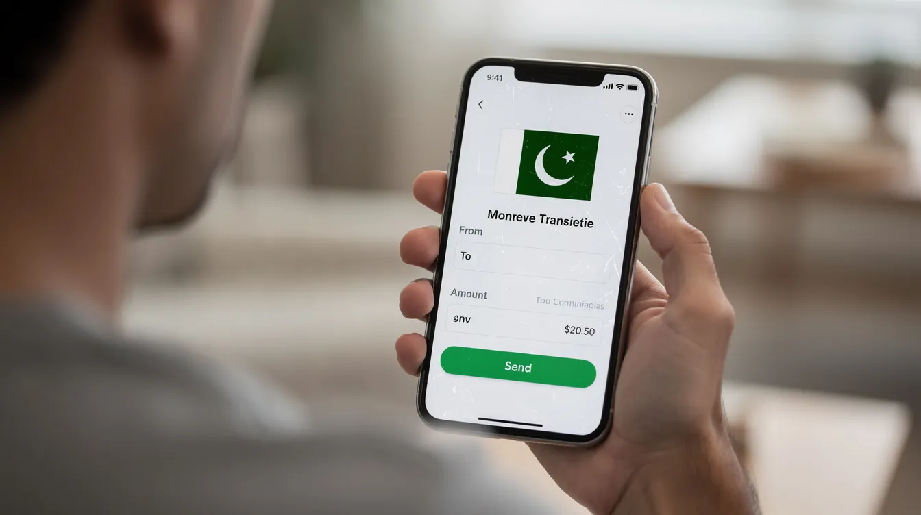 A person is using a smartphone app that displays a money transfer screen featuring a Pakistani flag icon, indicating the option to send money internationally. The interface likely includes details about transfer fees, exchange rates, and payment methods for international transactions.