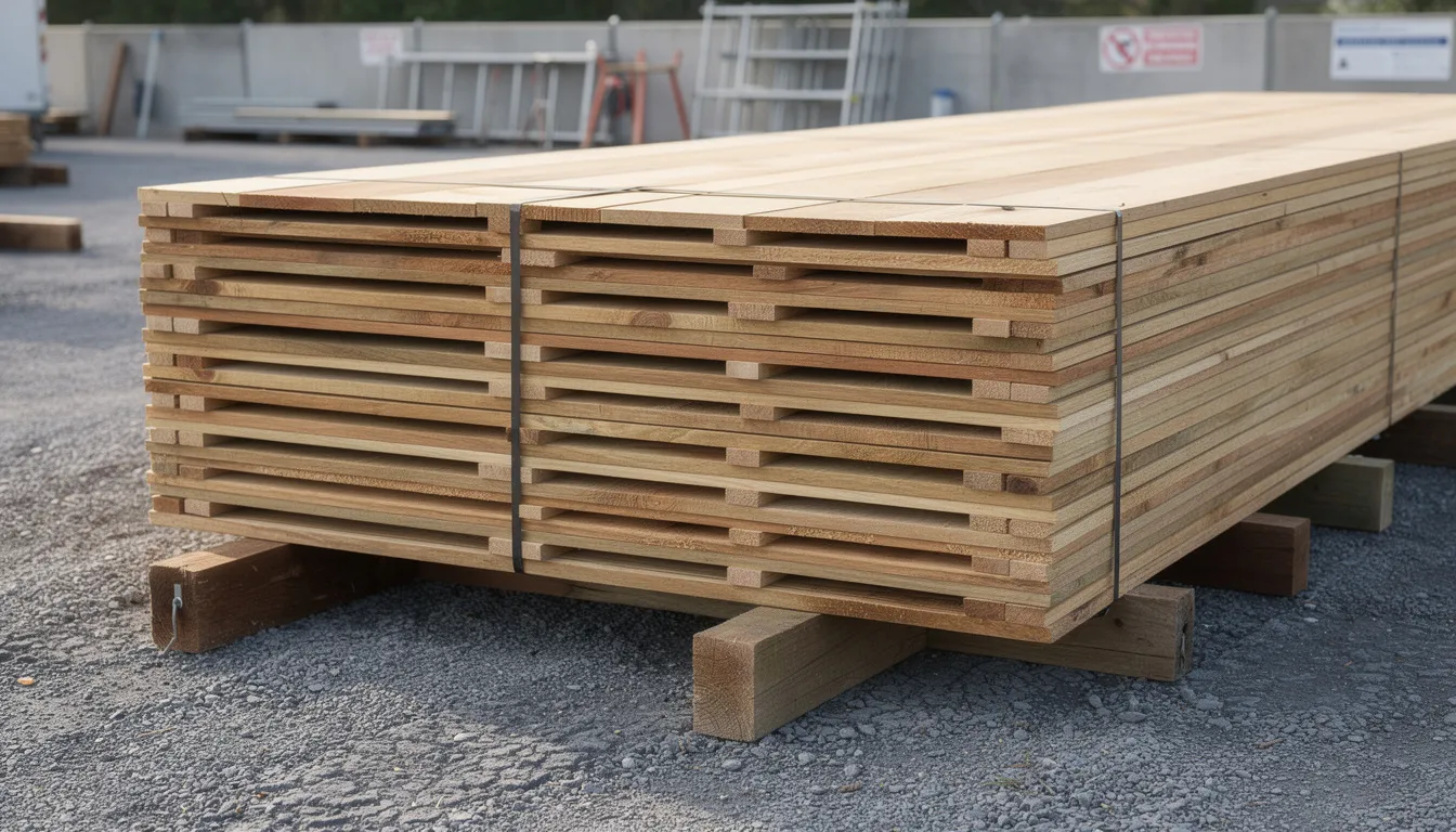 The image shows timber scaffold boards neatly stacked on bearers, with spacers positioned between them to allow for proper ventilation and prevent warping. This organized setup ensures the durability and quality of the boards, making them suitable for construction projects and heavy loads.