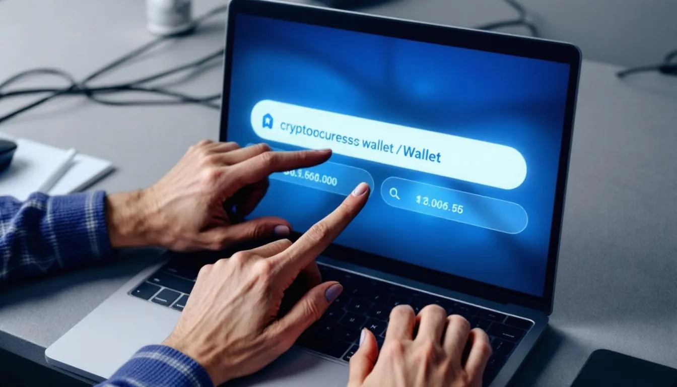 In the image, a pair of hands is seen setting up a cryptocurrency wallet on a laptop screen, illustrating the process of managing digital assets securely. The scene emphasizes the importance of protecting private keys and ensuring enhanced security while engaging in crypto transactions.