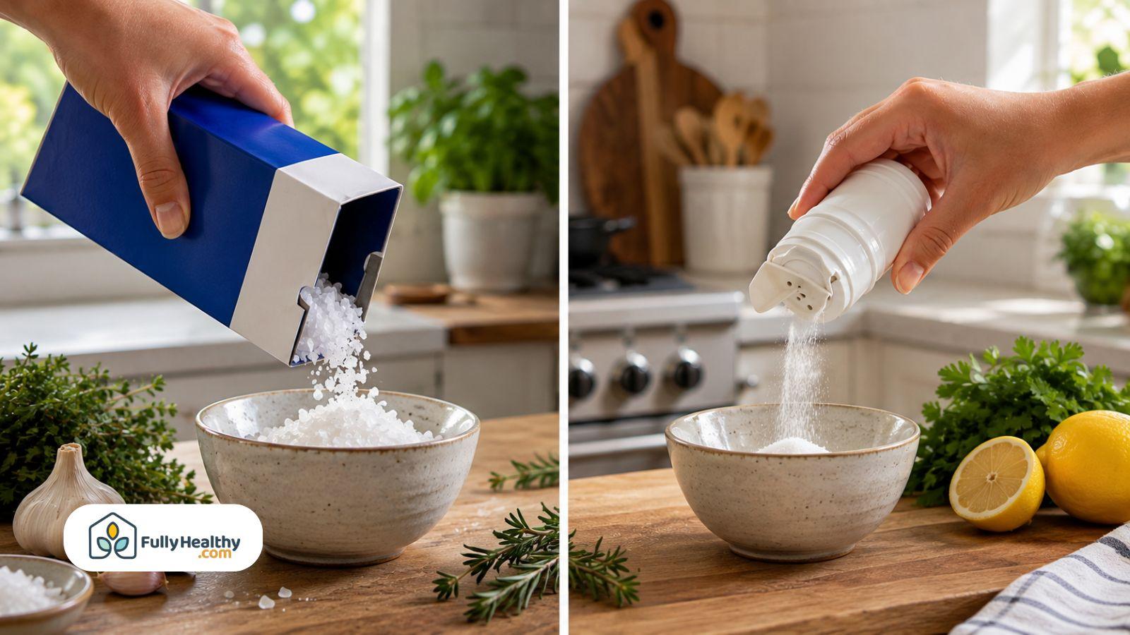 Kosher salt and table salt poured into bowls for easy side-by-side comparison.