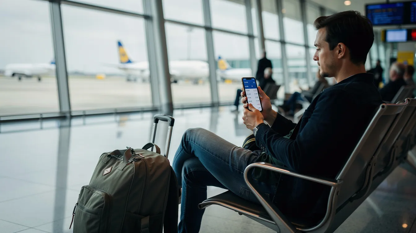 A traveler is using their phone to check exchange rates at an airport terminal, surrounded by other passengers and luggage. This scene highlights the importance of mobile banking and real-time notifications for managing finances while traveling.