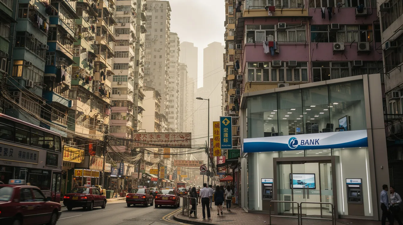 The image depicts a bustling street in modern Hong Kong, showcasing a skyline filled with residential buildings and a bank branch, reflecting the vibrant urban life of the 香港特別行政區. The scene captures the essence of city living, where public service roles, such as those in the 公務員事務局, play a crucial part in the community.