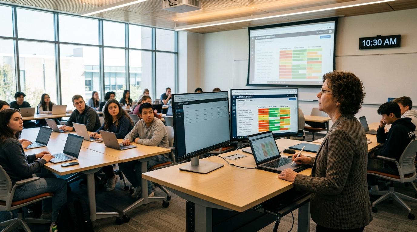 Modern higher education classroom with an instructor evaluating digital assignments using AI while