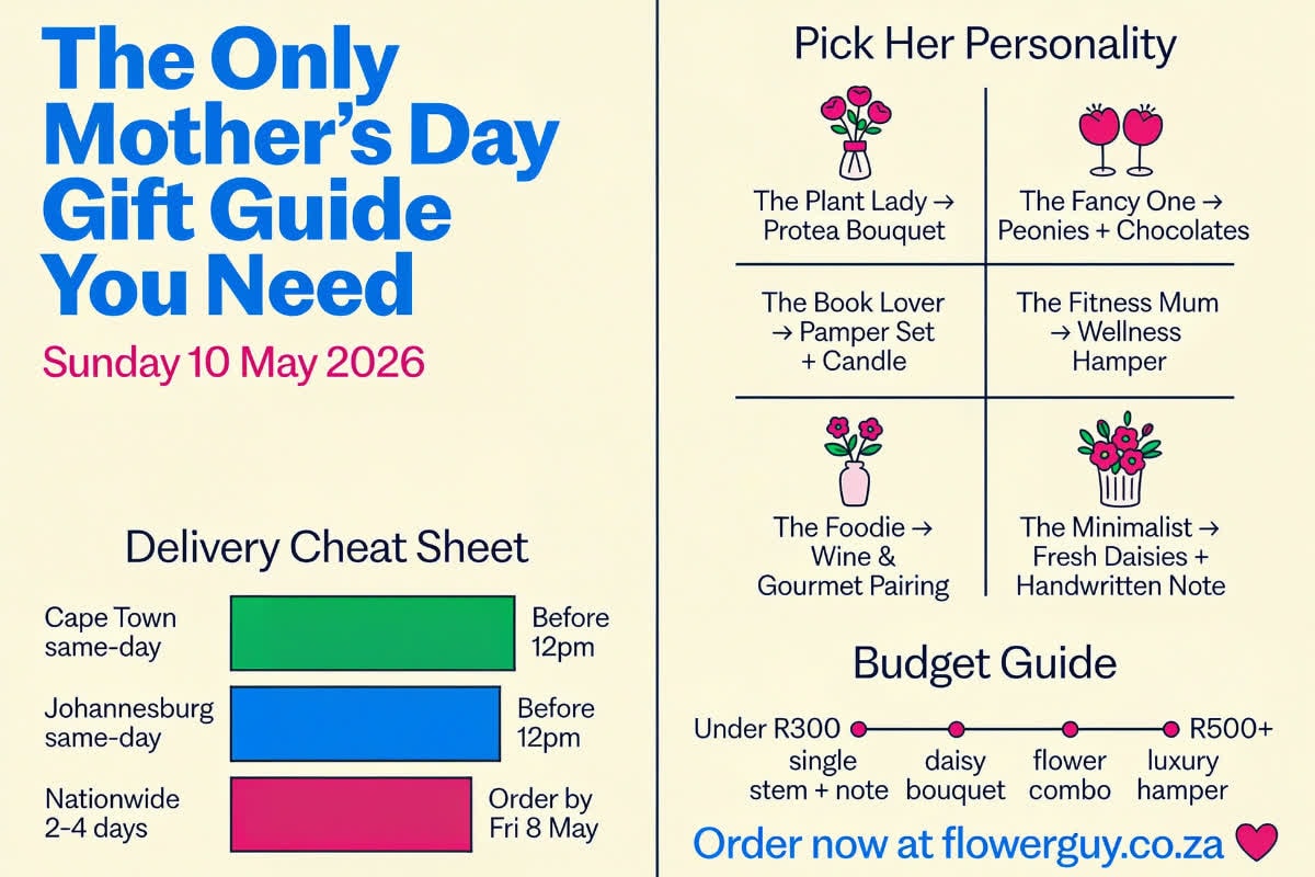 Mother's Day gift guide infographic with gift ideas by personality type, delivery info for Cape Town and Johannesburg, and budget guide from Flower Guy
