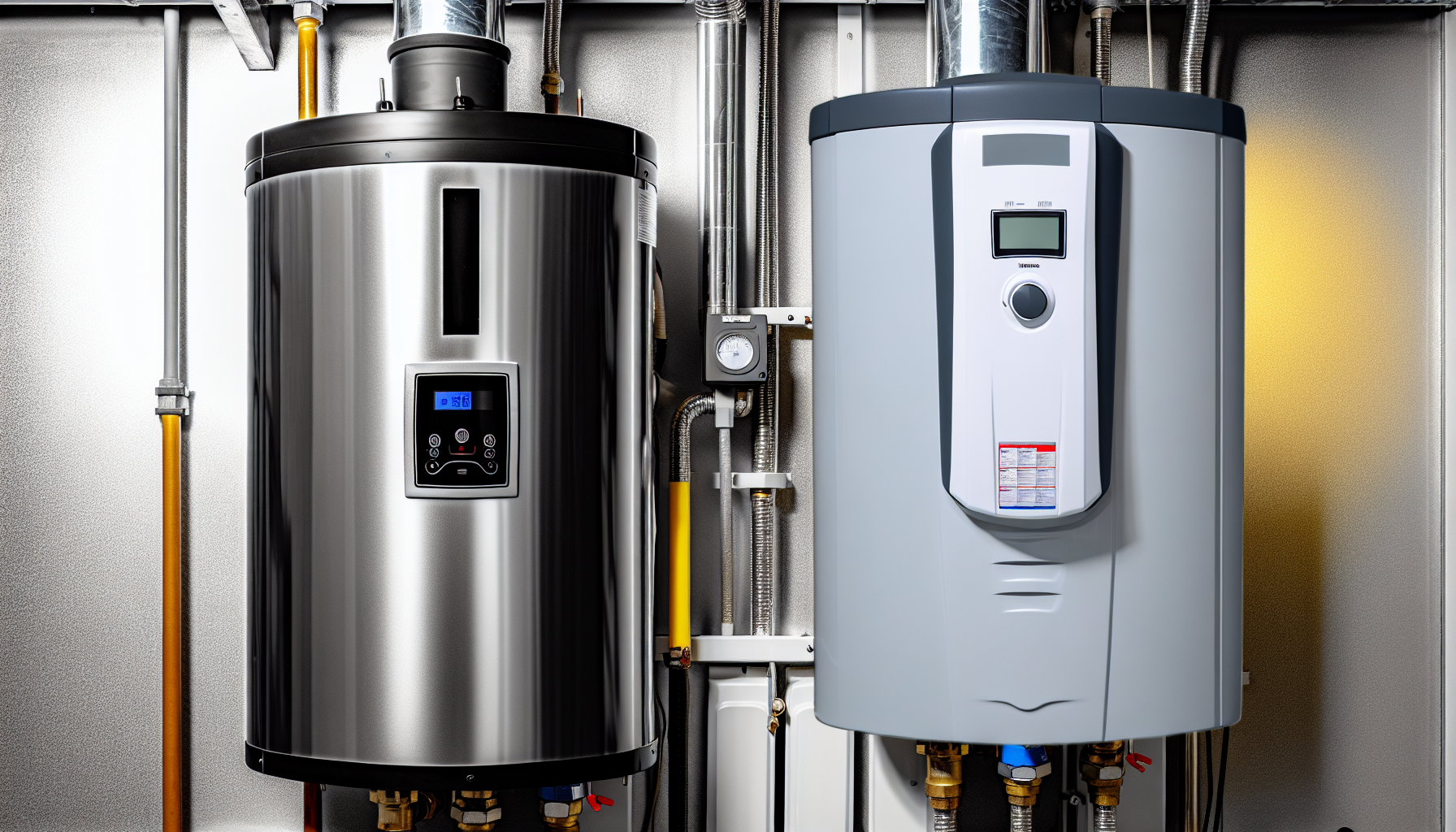 Photo of a heat pump water heater next to a conventional electric water heater