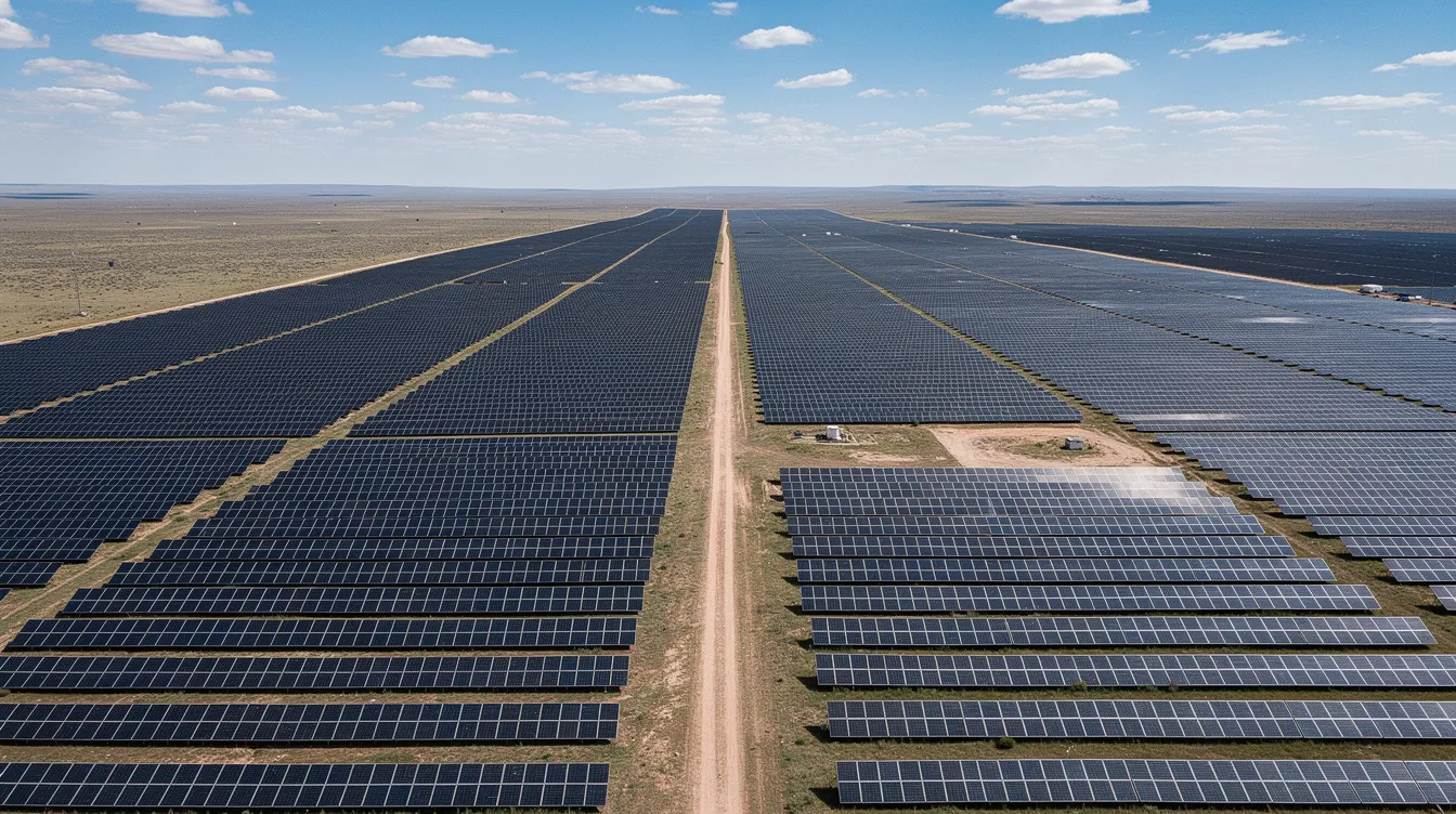 The image depicts a vast solar farm with rows of solar panels stretching across flat terrain under a bright blue sky dotted with scattered clouds, symbolizing the growth of the renewable energy industry. This large-scale project represents the shift towards sustainable power generation and the increasing importance of energy efficiency in the energy sector.