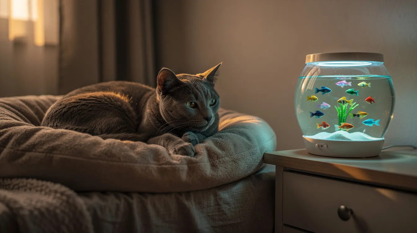 An older grey cat is comfortably resting on a soft blanket bed, gazing at a glowing artificial aquarium lamp positioned at eye level beside it, creating a warm ambiance in the evening light. The scene captures the cat's curious expression as it watches the simulated swimming fish, providing a tranquil and entertaining view reminiscent of a real fish tank.