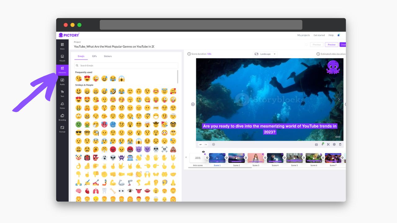 Click on the 'Elements' tab on the left-hand toolbar, Pictory video elements, GIFS, STICKERS, EMOJIS