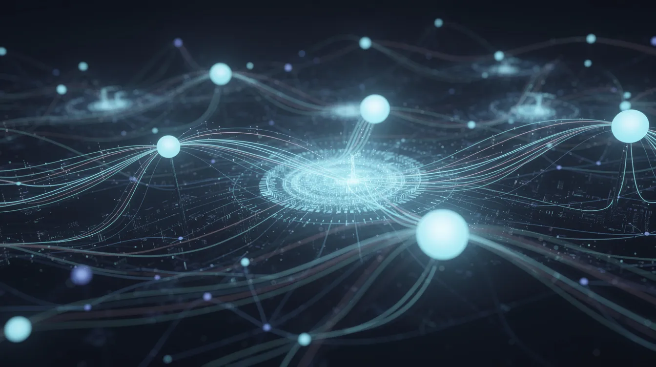 The image depicts an abstract representation of network connections, showcasing interconnected nodes and lines that symbolize data flow. This visualization illustrates the concept of presentation availability and communication channels in a digital environment.
