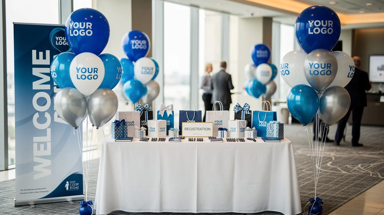 The image features an arrangement of branded balloon bouquets alongside various high-quality corporate gift items at a corporate event registration area, showcasing a selection of unique gifts designed to enhance business relations and client appreciation. The vibrant display reflects the festive spirit of corporate gifting in Singapore, emphasizing the importance of a lasting impression with premium corporate gifts.