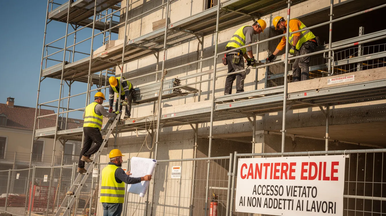 Immagine di un cantiere edile dove lavoratori indossano caschi e giubbotti ad alta visibilità mentre operano su ponteggi metallici, evidenziando l'importanza della sicurezza nei cantieri e l'uso di dispositivi di protezione individuale. L'ambiente mostra anche attrezzature e materiali per la costruzione, sottolineando le misure di sicurezza e la gestione del rischio.