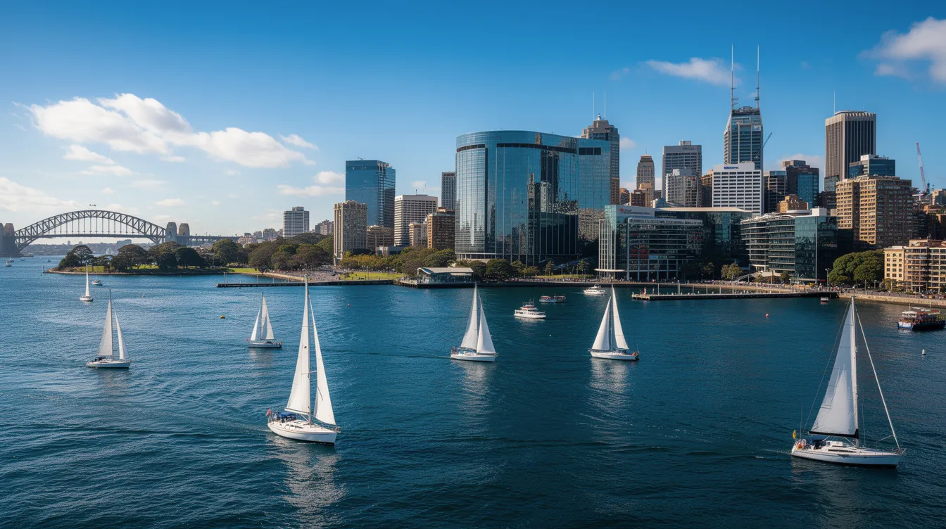 The image depicts Sydney Harbour on a sunny day, featuring sailboats gliding across the water with the iconic waterfront buildings in the background. This vibrant coastal city is known for its stunning natural beauty, laid-back lifestyle, and as a major hub for job opportunities and outdoor living in Australia.