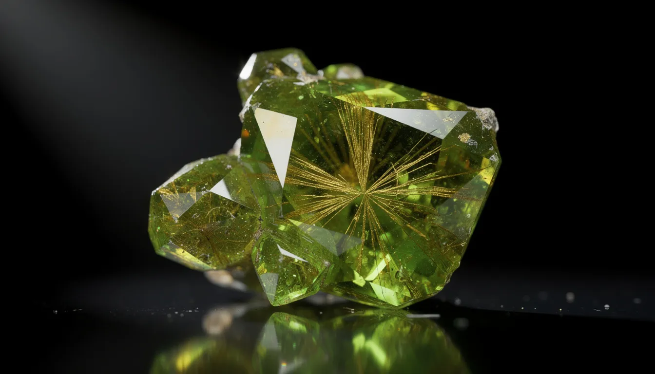 The image features bright green demantoid garnet crystals showcasing distinctive horsetail inclusions, set against a dark background. These garnet crystals, known for their gemstone quality, exhibit a unique crystal structure that highlights their vibrant color and optical properties.