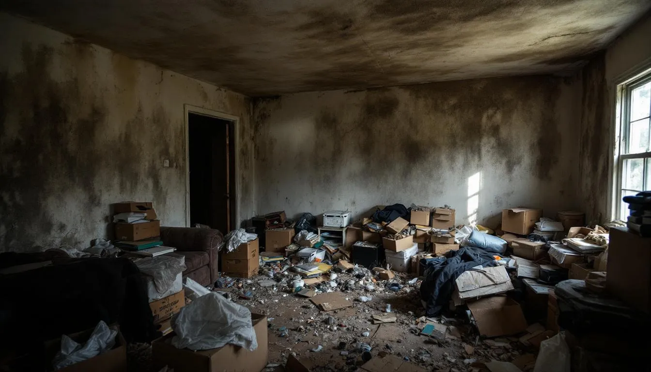 In a severely hoarded room, visible mold growth and structural damage are evident among piles of clutter and personal belongings. This image highlights the urgent need for professional hoarding cleanup services to address the hazardous living conditions and restore the space.