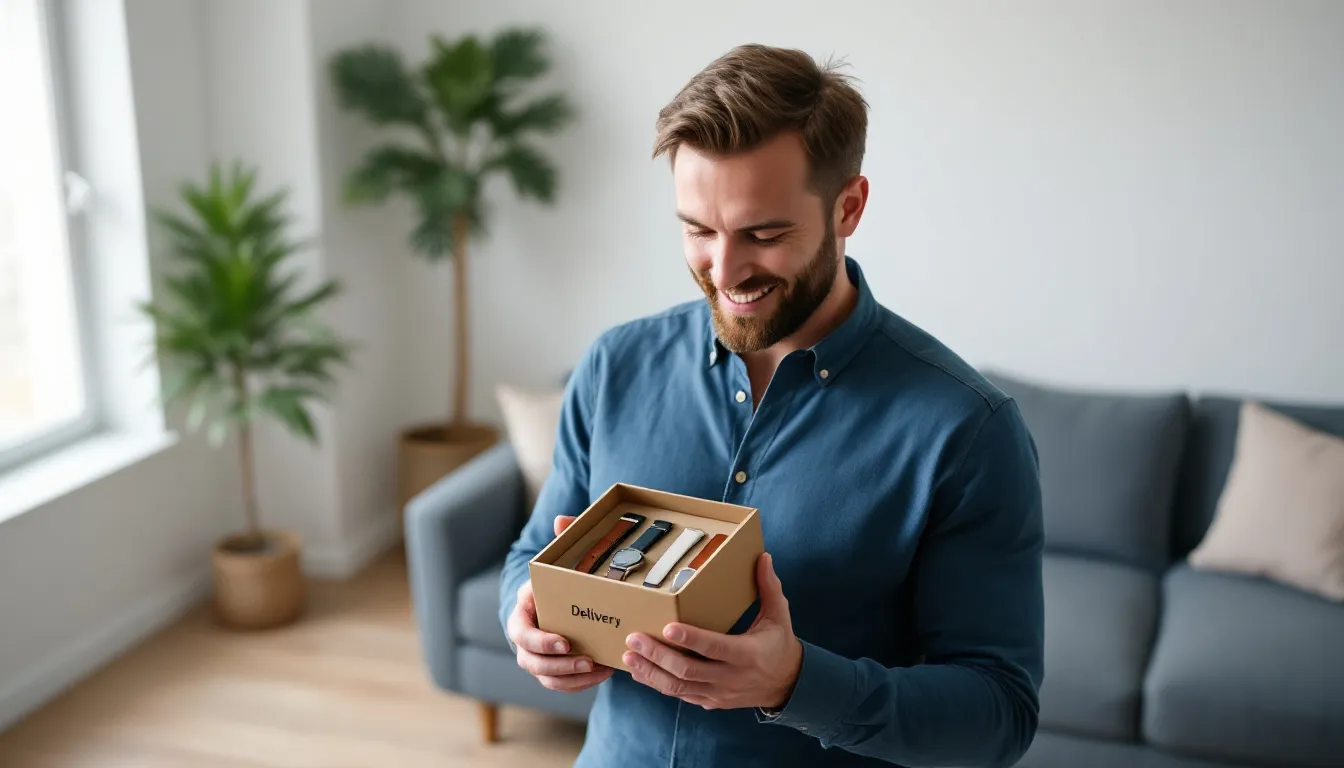 A delighted customer is receiving a letterbox-friendly package containing a selection of great quality watch straps, including classic black and brown leather options. The package is designed to be easily delivered, ensuring a quick and convenient experience for customers eager to find the perfect strap for their timepiece.