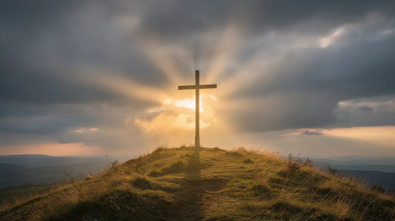 The image depicts a wooden cross standing prominently on a hilltop, illuminated by dramatic light breaking through dark clouds, symbolizing the honor and shame dynamics often explored in biblical narratives, such as the sacrifice of Jesus Christ for salvation. This powerful visual evokes reflections on cultural worldviews and the significance of the cross in understanding one's identity and relationships within God's family.