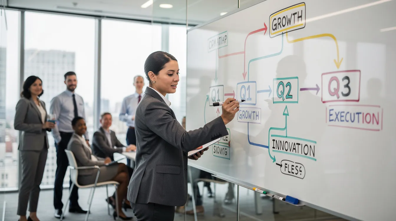 Un professionnel des affaires dessine une feuille de route stratégique sur un tableau blanc, illustrant des flèches et des étapes clés. Cette image représente une vision stratégique pour guider l'entreprise vers ses objectifs futurs et la mise en œuvre d'un plan cohérent.