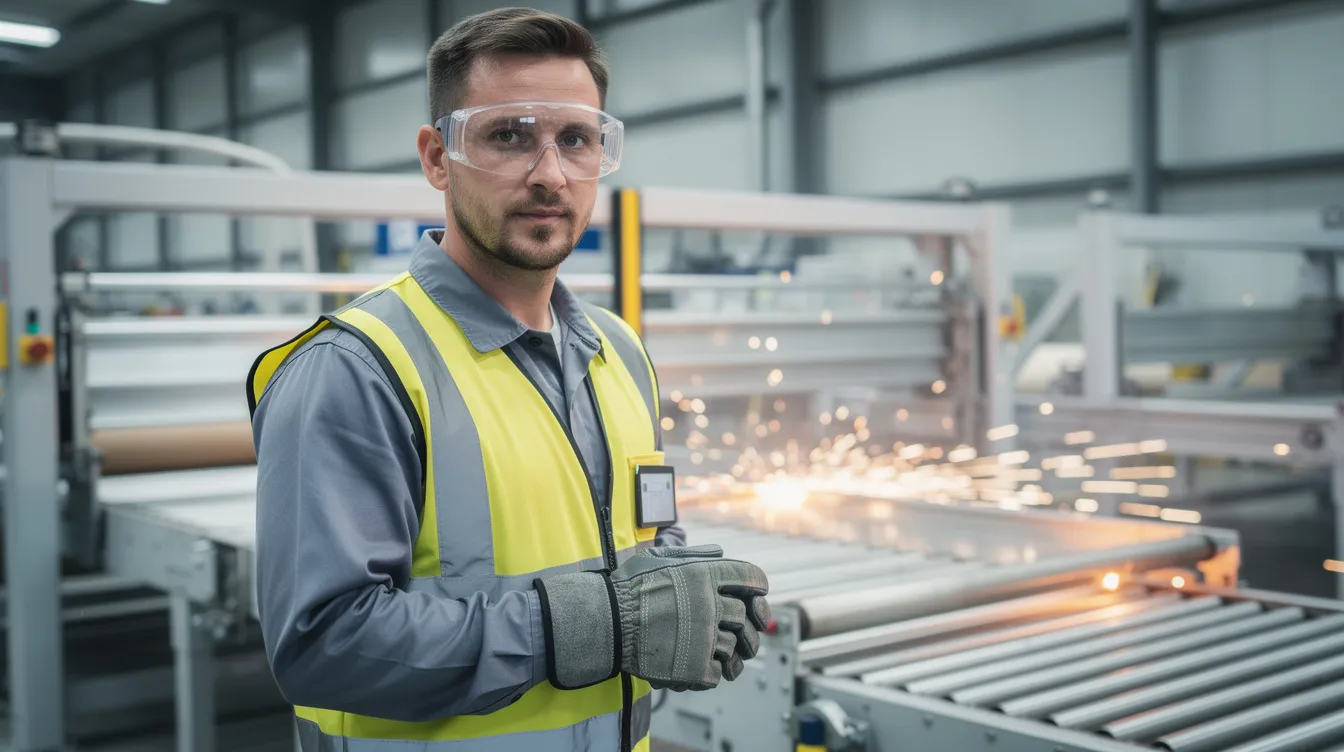 The image shows a worker in a manufacturing facility wearing industrial safety goggles and gloves, emphasizing the importance of eye protection to prevent serious eye injuries. This highlights the need for workplace safety measures and the potential for workers compensation claims in case of accidents leading to vision loss.