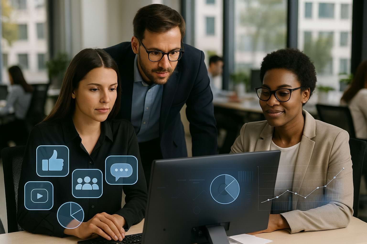 Professionals collaborating in an office with digital analytics and online channel holographic elements.