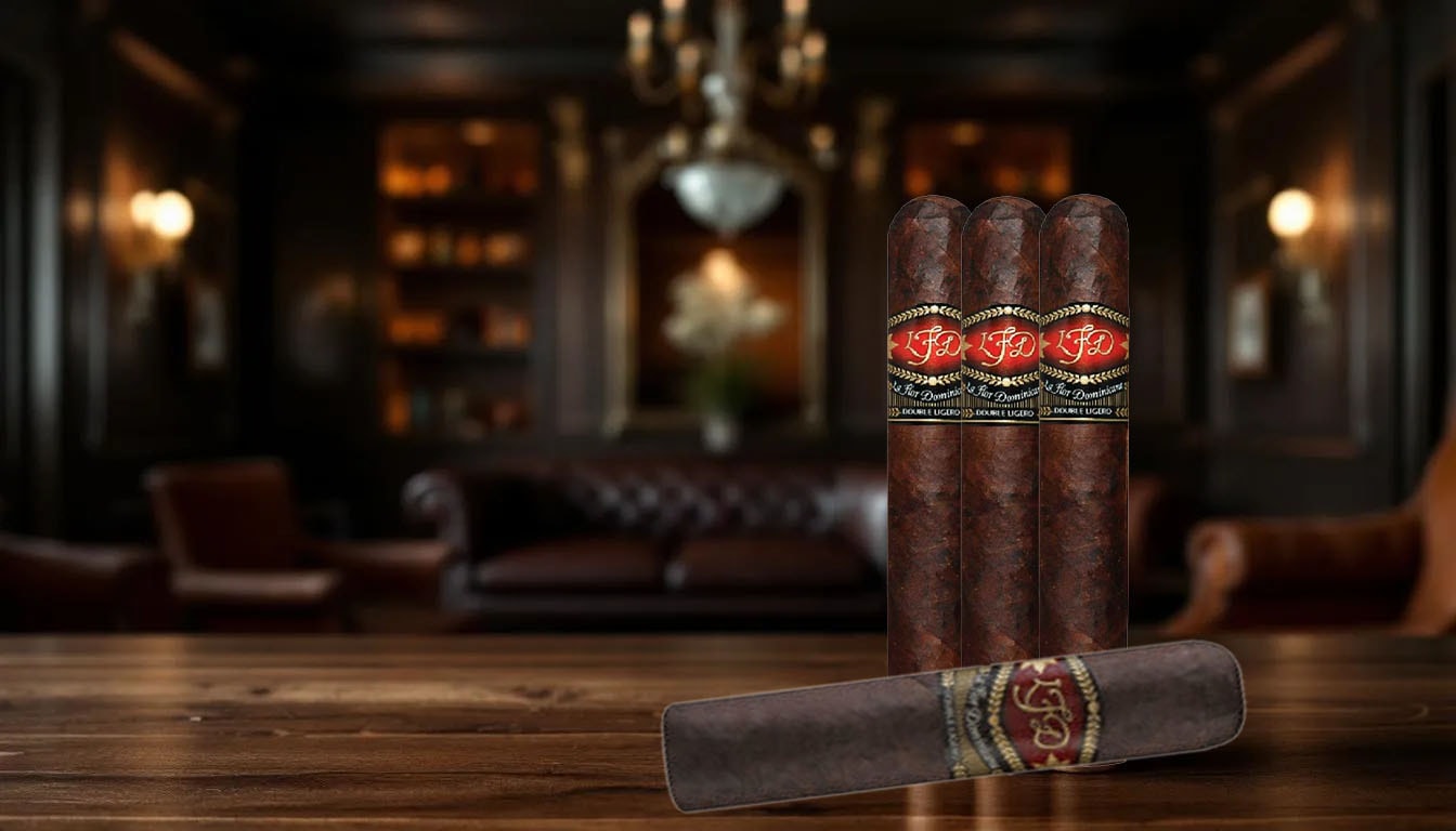 A selection of La Flor Dominicana Double Ligero cigars on display.