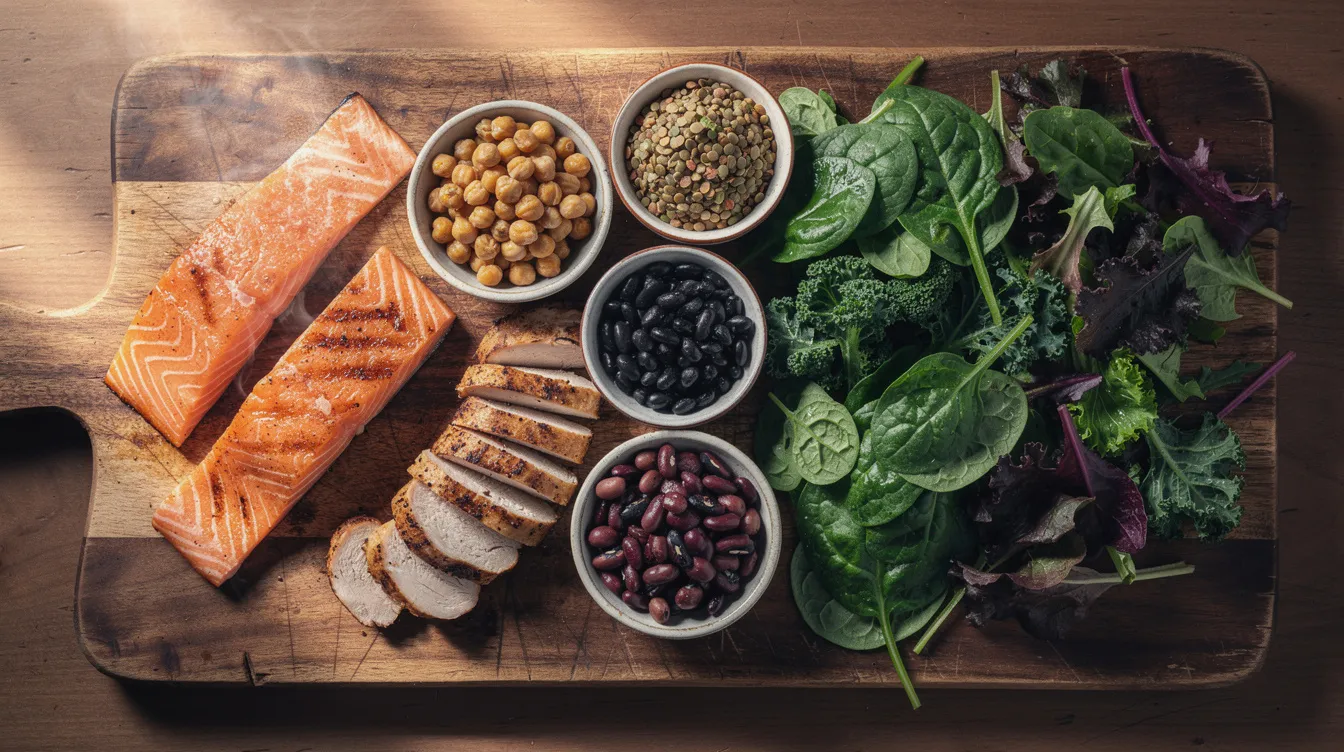 The image showcases a vibrant assortment of colorful foods, including salmon, chicken breast, legumes, and leafy vegetables, beautifully arranged on a wooden cutting board, highlighting the importance of dietary niacin and other nutrients for heart health and overall wellness. This display emphasizes the role of niacin-rich foods in maintaining healthy cholesterol levels and supporting longevity.