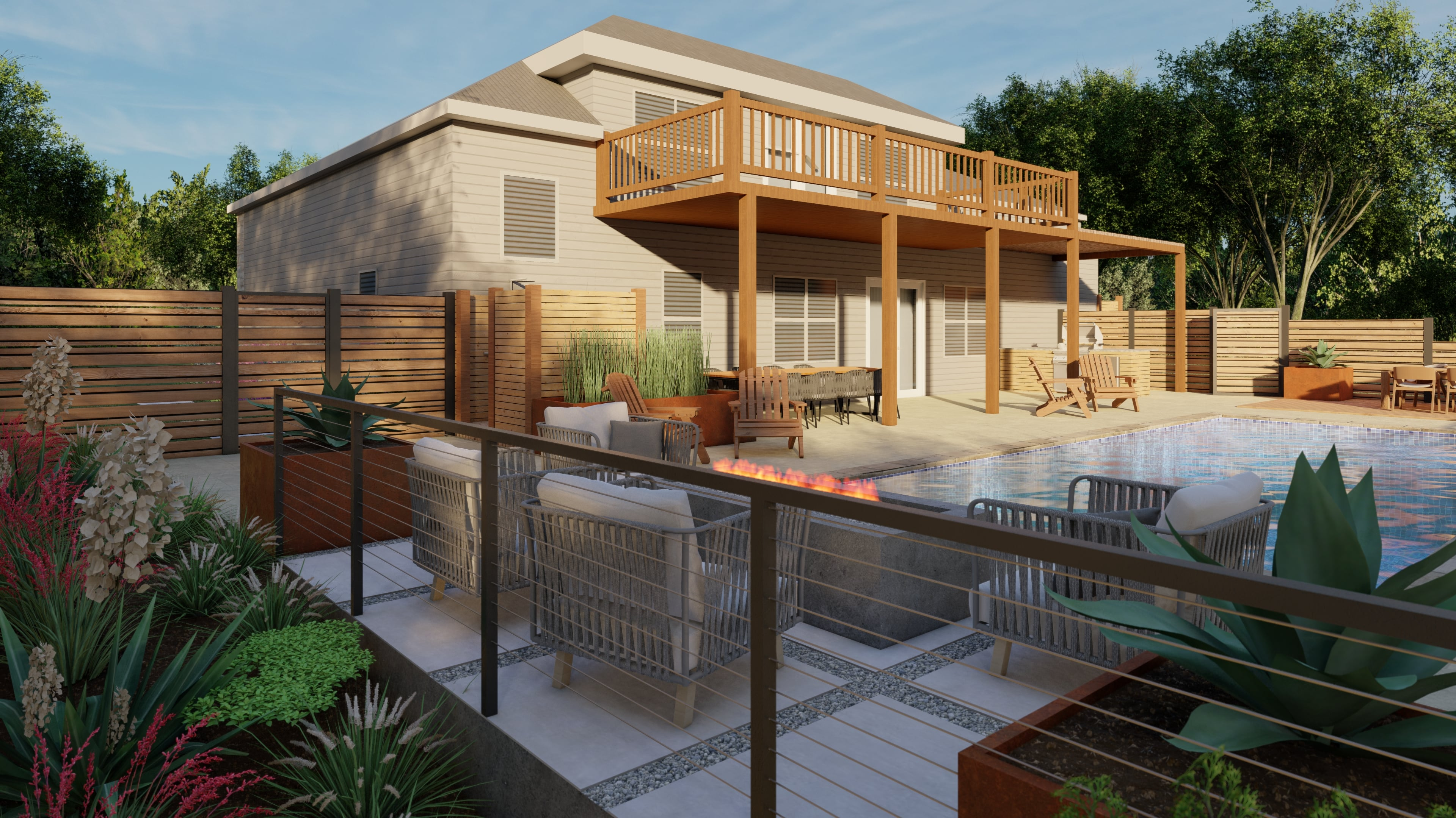 A backyard with a great patio, pool, and succulents throughout